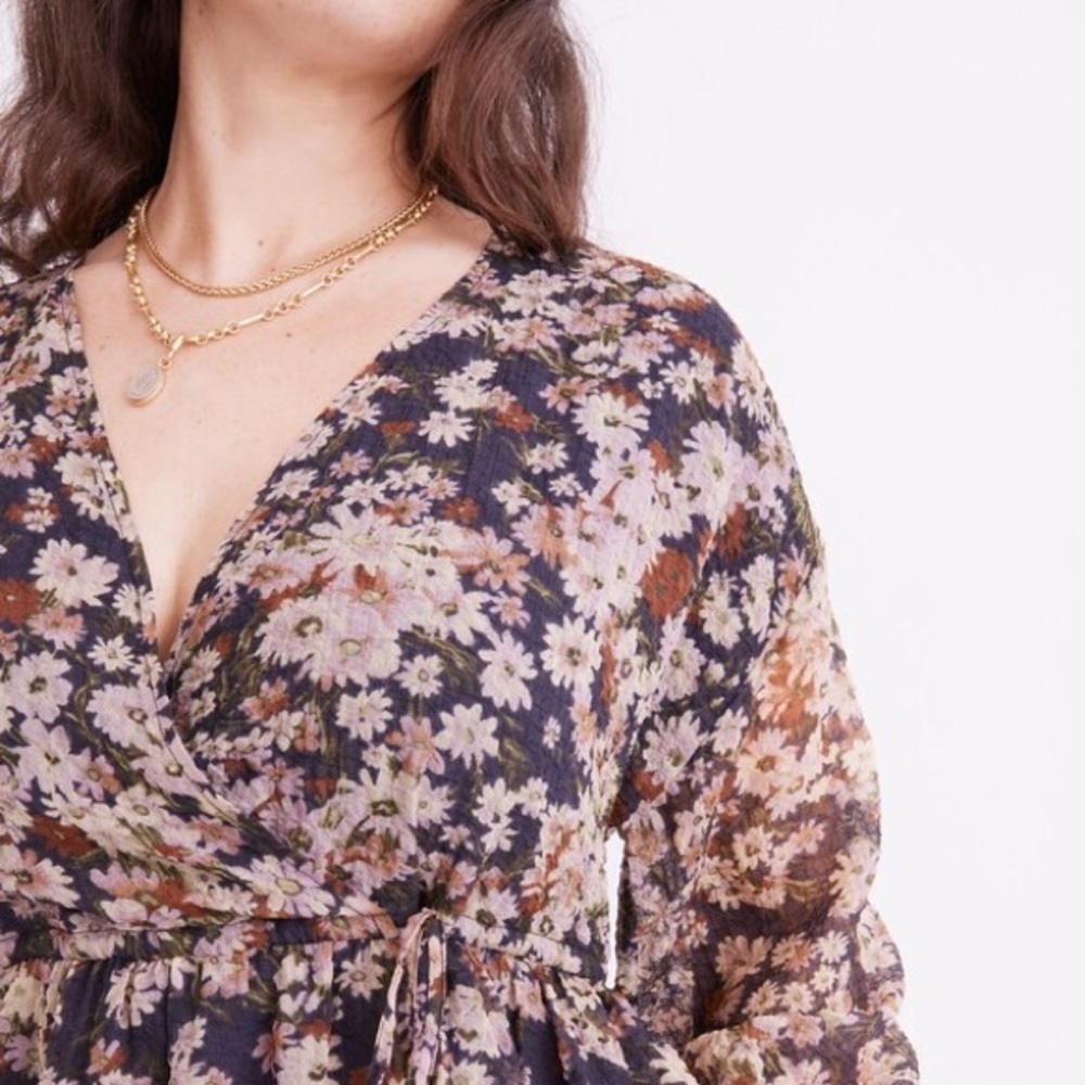 Madewell garden Floral Faux Wrap Mini Dress Large Daisy Long Sleeve Drawstring - Picture 8 of 10